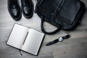 business, work space, note pad, watch, shoes